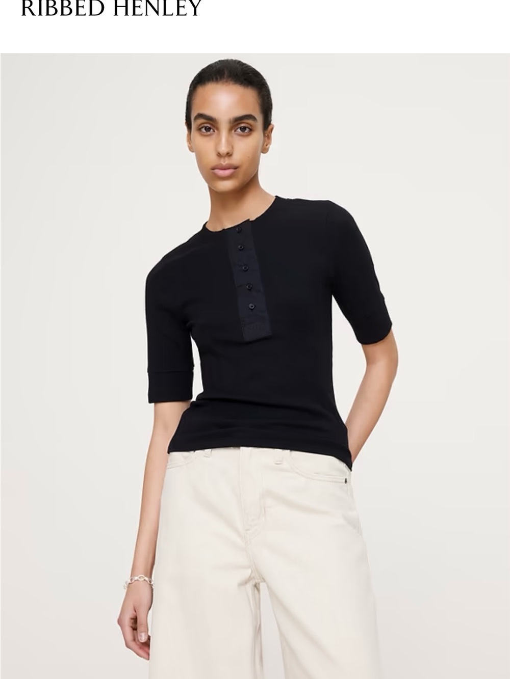 Banana Republic Black Ribbed Henley Short Sleeve Top